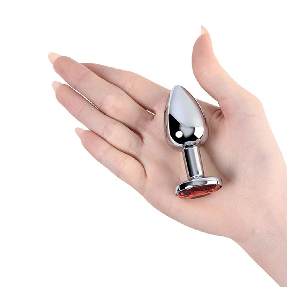 Большая серебристая коническая анальная пробка 7,2см с красным кристаллом ToyFa Metal 717010-9