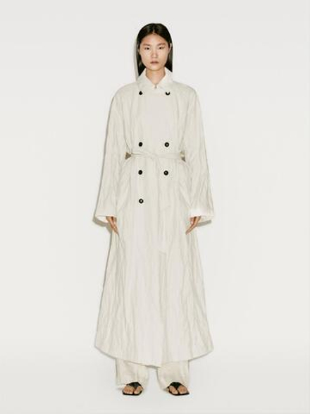 Massimo Dutti Длинное объемное пальто-тренч из хлопчатобумажной смеси - Limited Edition, кремовый