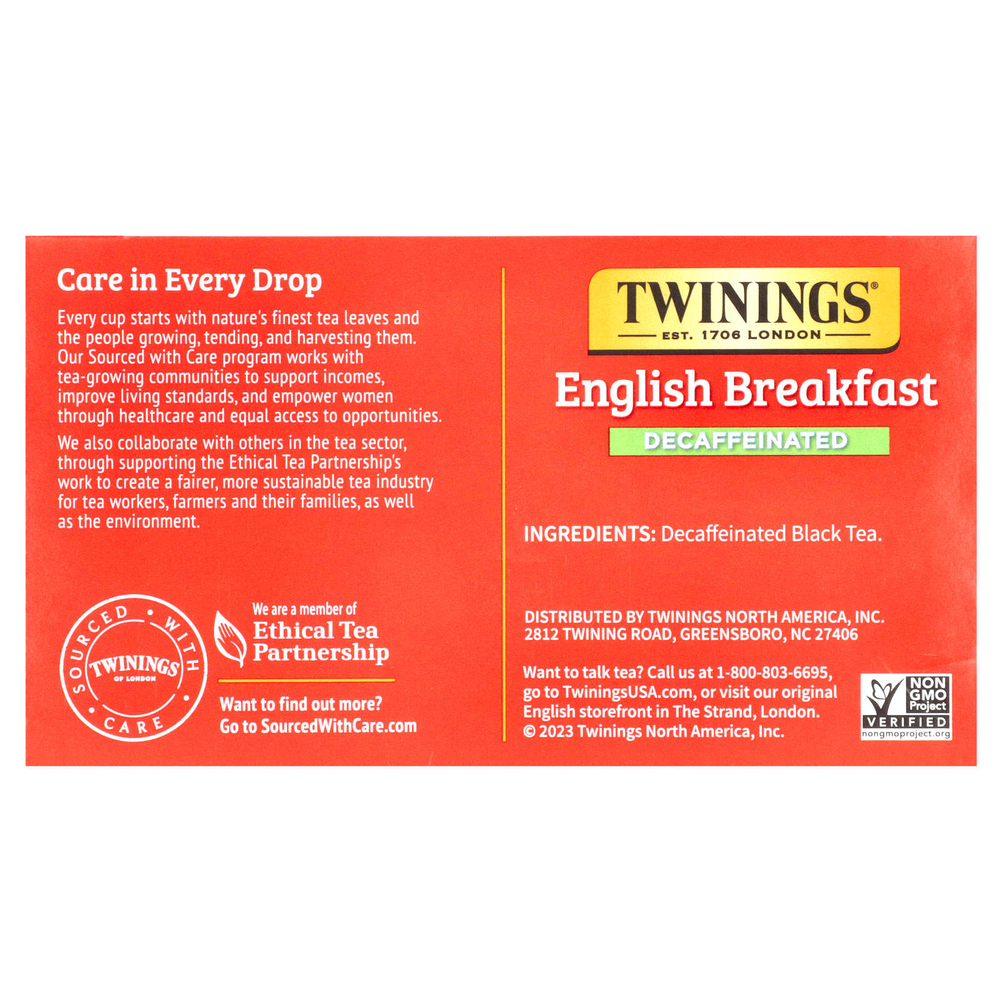 Twinings, чистый черный чай, "Английский завтрак", без кофеина, 50 чайных пакетиков, 100 г (3,53 унции)