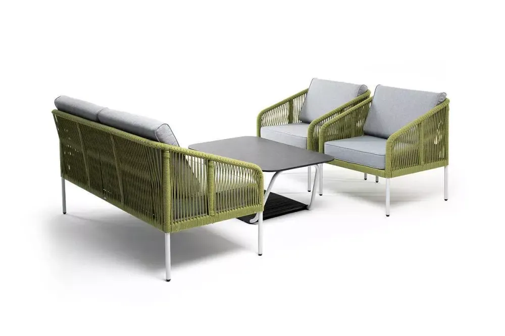 "Канны" лаунж-зона 4-местная из роупа со столом "Глория" (серый гранит), каркас алюминиевый светло-серый, роуп салатовый меланж
