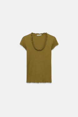 ZARA ФУТБОЛКА ИЗ СМЕСОВОГО ЛЬНА С КОРОТКИМИ РУКАВАМИ, ОЛИВКОВЫЙ