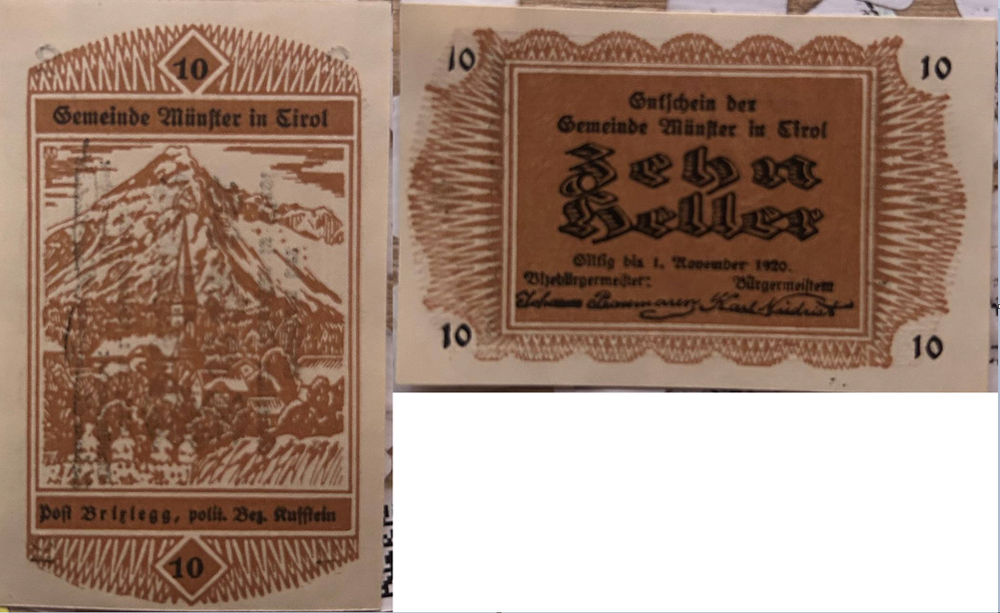 Австрия 10 геллеров 1920 Мюнстер aUNC