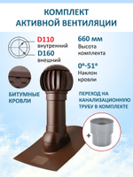 Комплект активной вентиляции: Вентиляционный выход изолированный D125/160 утепленный высота H=500 мм, проходной элемент для битумной кровли, ротационная вентиляционная турбина Ø 160 мм серия Twister, переход на канализационную трубу D110 с вентиляционного выхода 125/160 без уплотнения, коричневый