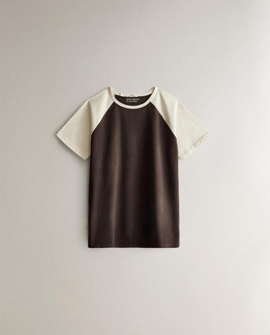 ZARA HOME ДВУХЦВЕТНАЯ ХЛОПКОВАЯ ФУТБОЛКА, КОРИЧНЕВЫЙ