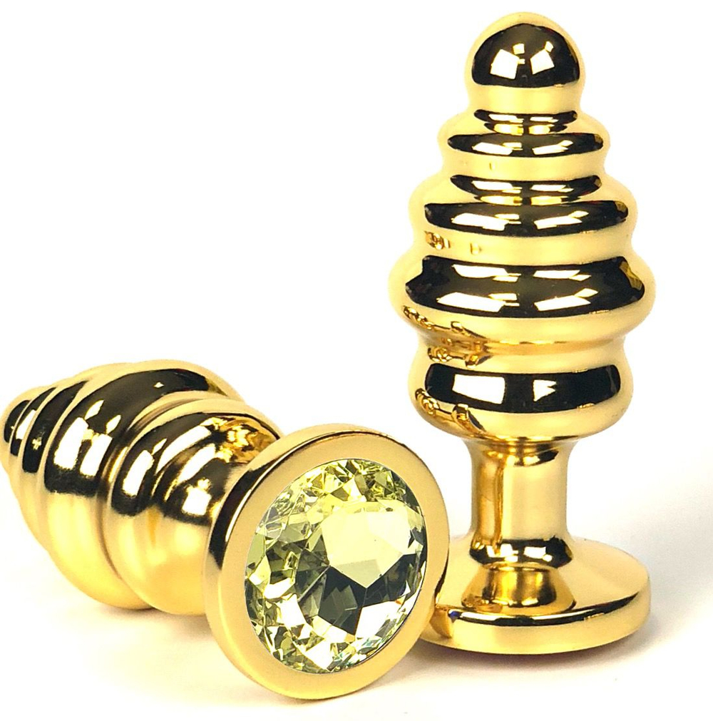 Золотистая ребристая анальная пробка с желтым кристаллом - 7 см. (Цвет: желтый)