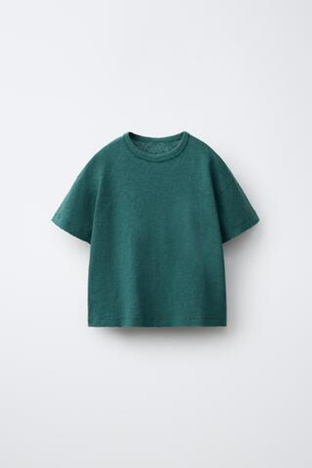 ZARA ФУТБОЛКА ИЗ ХЛОПКА И ЛЬНА, УТИНО-СИНИЙ
