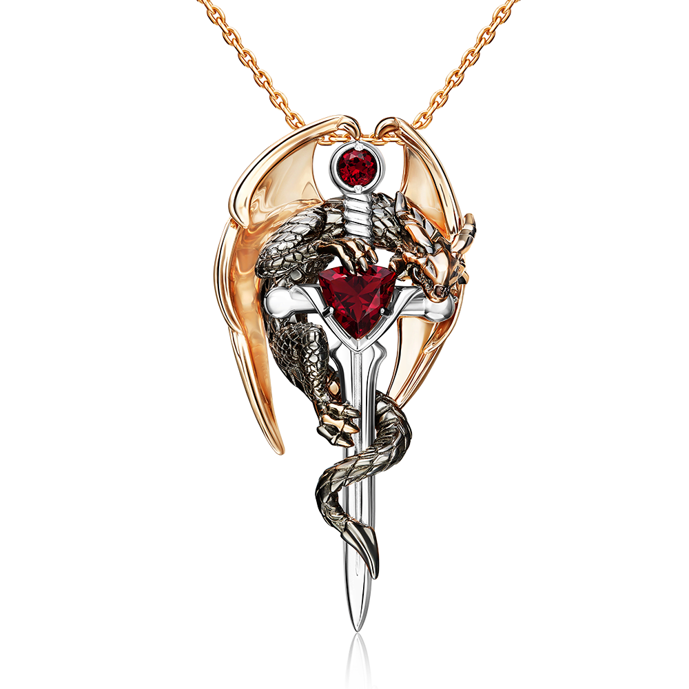 Подвеска «Дракон с мечом» из комбинированного золота с гранатами