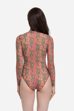 Слитный купальник на молнии с рукавами "Крокодил оранжевый паттерн"