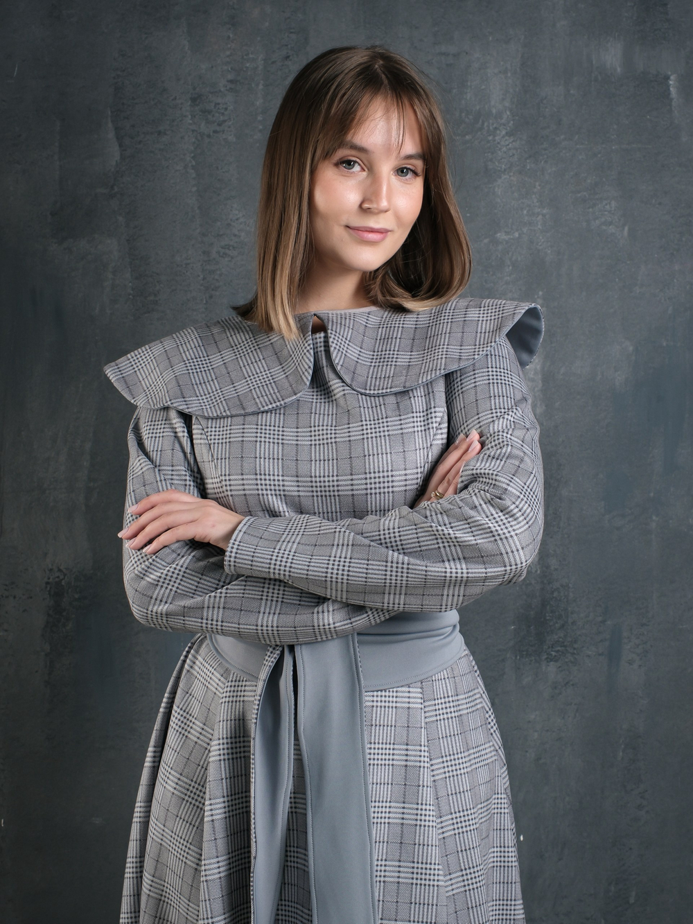 Платье с кушаком /серо-голубая клетка