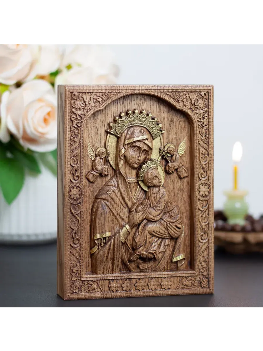 Неустанной Помощи икона Божией Матери деревянная, ясень 02