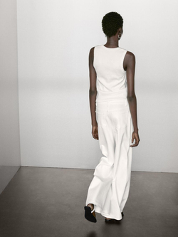 Massimo Dutti Топ из смесового хлопка с круглым вырезом, кремовый