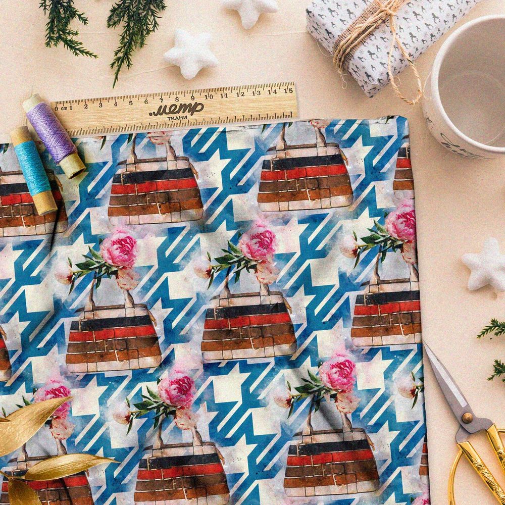 Ткань барби яркие розы в горшке с мозаикой