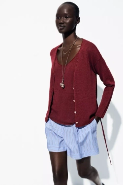 ZARA КАРДИГАН ИЗ СМЕСОВОГО ЛЬНА, ГРАНАТОВЫЙ