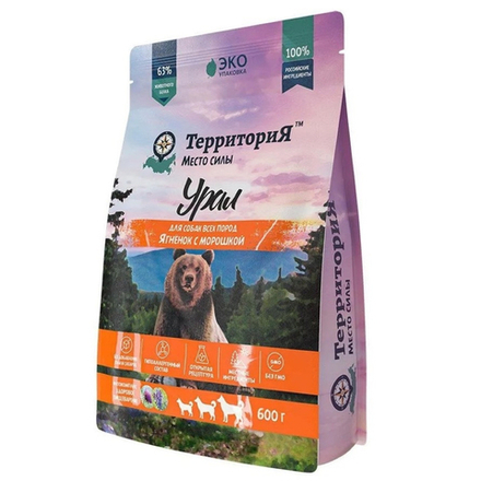 Сухой корм ТЕРРИТОРИЯ "Урал" для взрослых собак всех пород, ягненок с морошкой - 0,6 кг