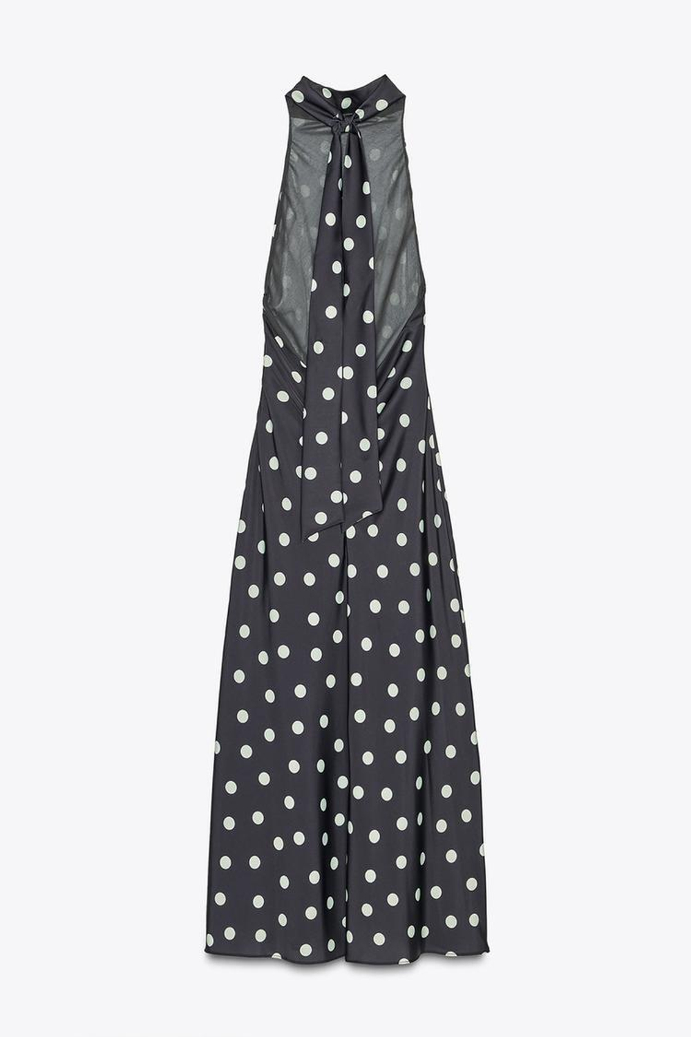 ZARA АТЛАСНОЕ ПЛАТЬЕ МИДИ В ГОРОШЕК, МОРСКОЙ ТЕМНО-СИНИЙ