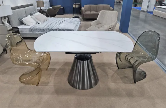 Стол обеденный раскладной Oda, Ø150 см, белый матовый керамогранит