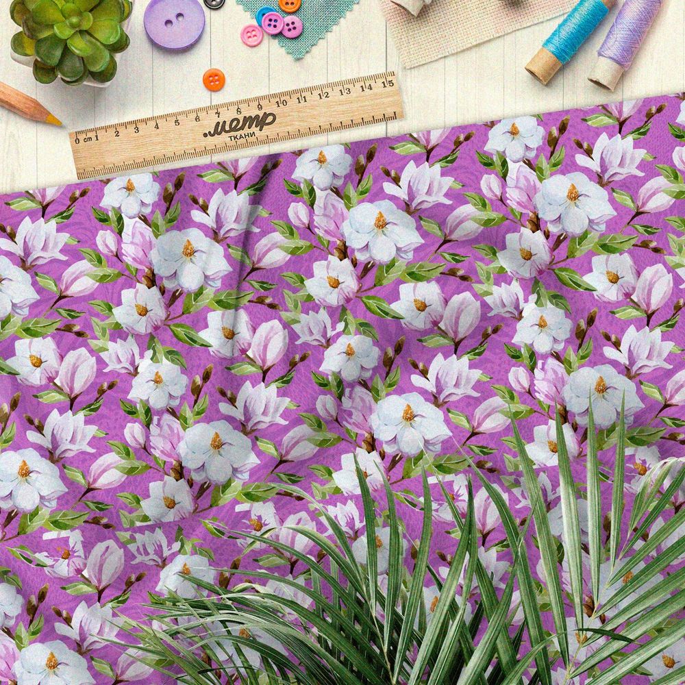 Ткань оксфорд 600 белые и розовые петуньи на сиреневом фоне