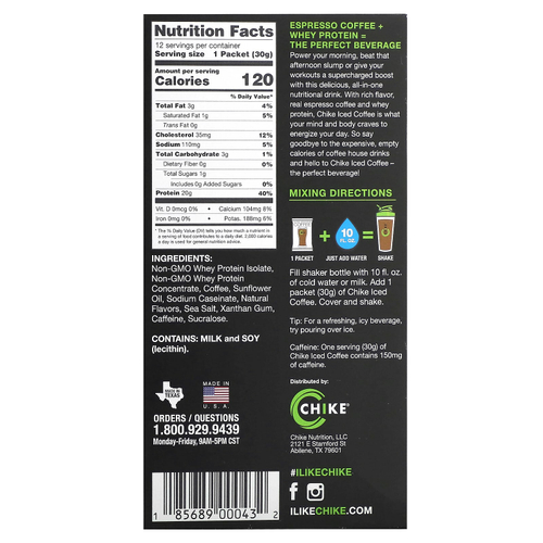 Chike Nutrition, Кофе со льдом с высоким содержанием протеина, ваниль, 12 пакетиков по 30 г (1,04 унции)