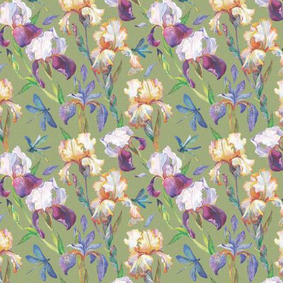 ирисы и синие стрекозы на зеленом фоне