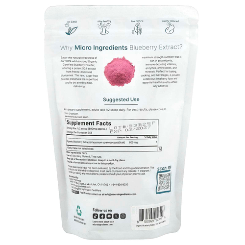 Micro Ingredients, Органический, лиофилизированный экстракт голубики, 283 г (10 унций)