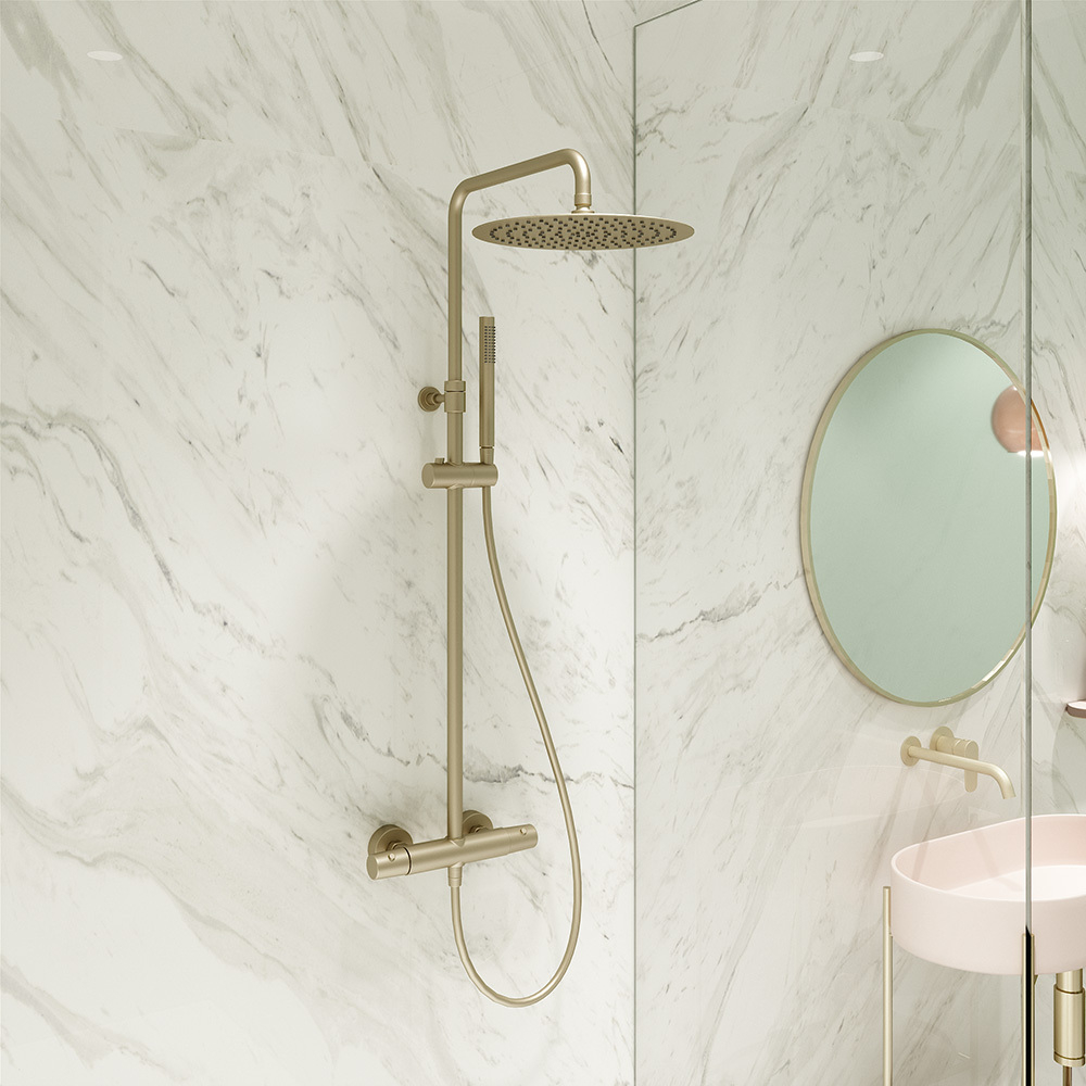 Душевая термостатическая система без излива с регулировкой высоты TZAR 345402RM250OC золото