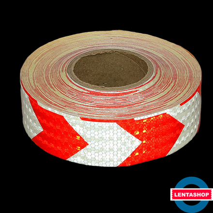 Бело-красная светоотражающая лента стрелка 50 мм х 45 м