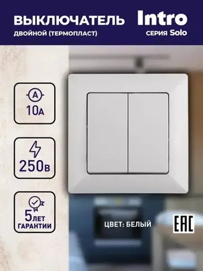 Выключатель Intro Solo 4-104-01 двухклавишный 10А-250В IP20 СУ белый