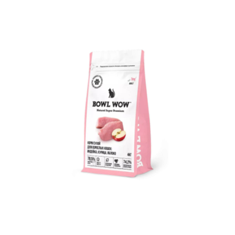 Сухой корм для взрослых кошек BOWL WOW с индейкой, курицей и яблоком, 4 кг