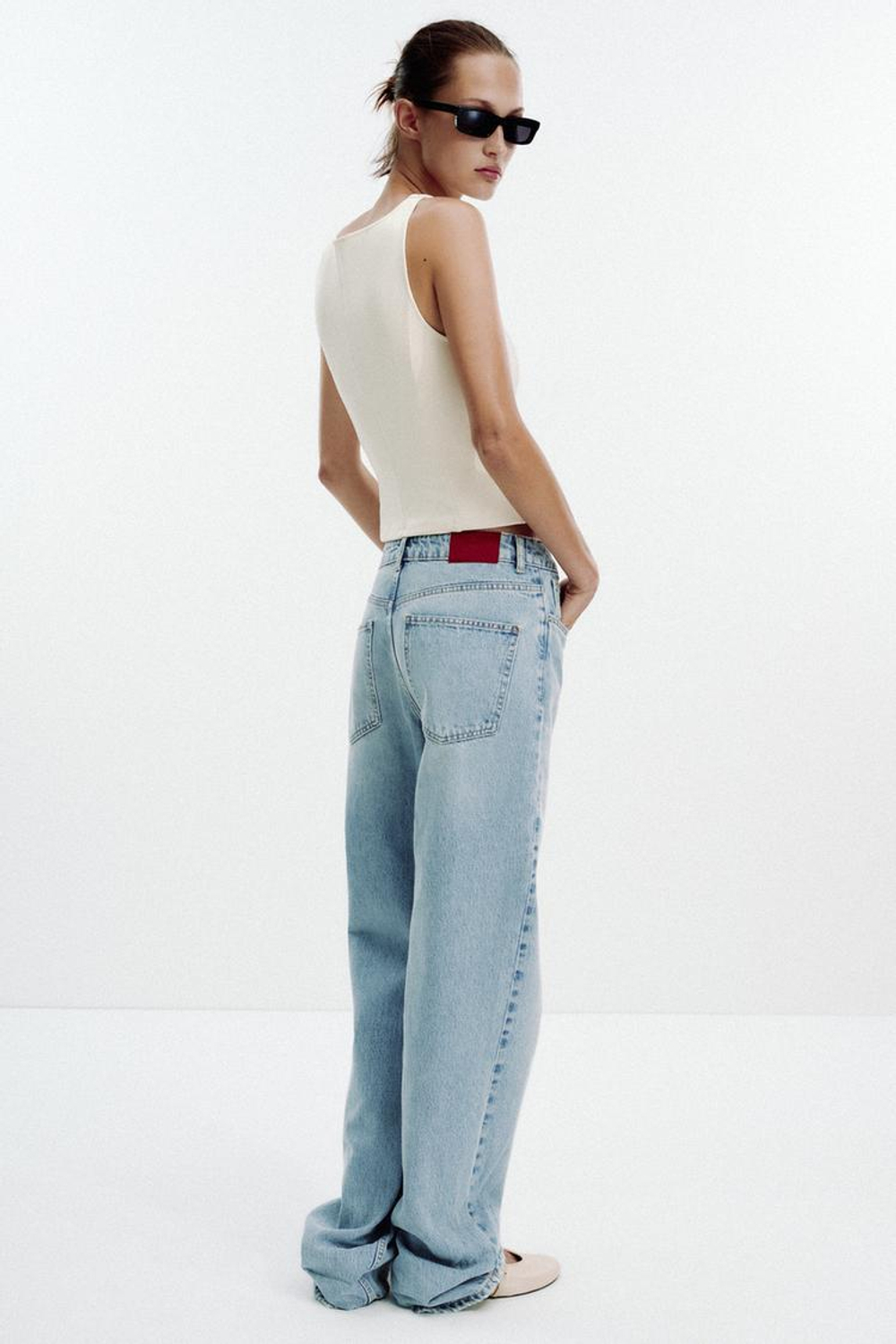 ZARA ТОП ИЗ ИНТЕРЛОКА С V-ОБРАЗНЫМ ВЫРЕЗОМ, ЭКРЮ