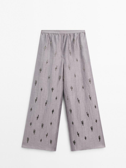 Massimo Dutti Брюки из льняной смеси с вышивкой из бисера, фиолетовый