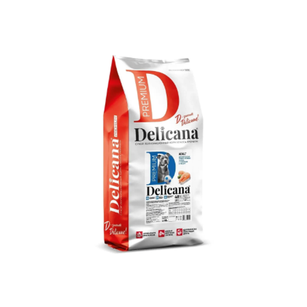 Cухой полнорационный корм для взрослых собак крупных пород лосось с рисом Delicana 15кг
