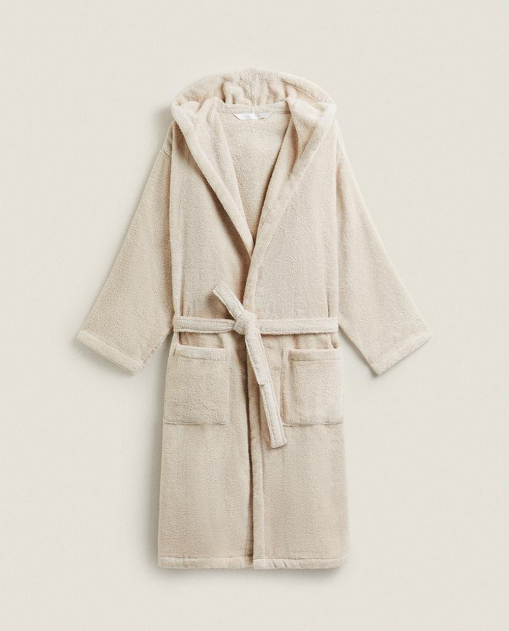 ZARA HOME ХЛОПКОВЫЙ ХАЛАТ С КАПЮШОНОМ, ПЕСОЧНЫЙ