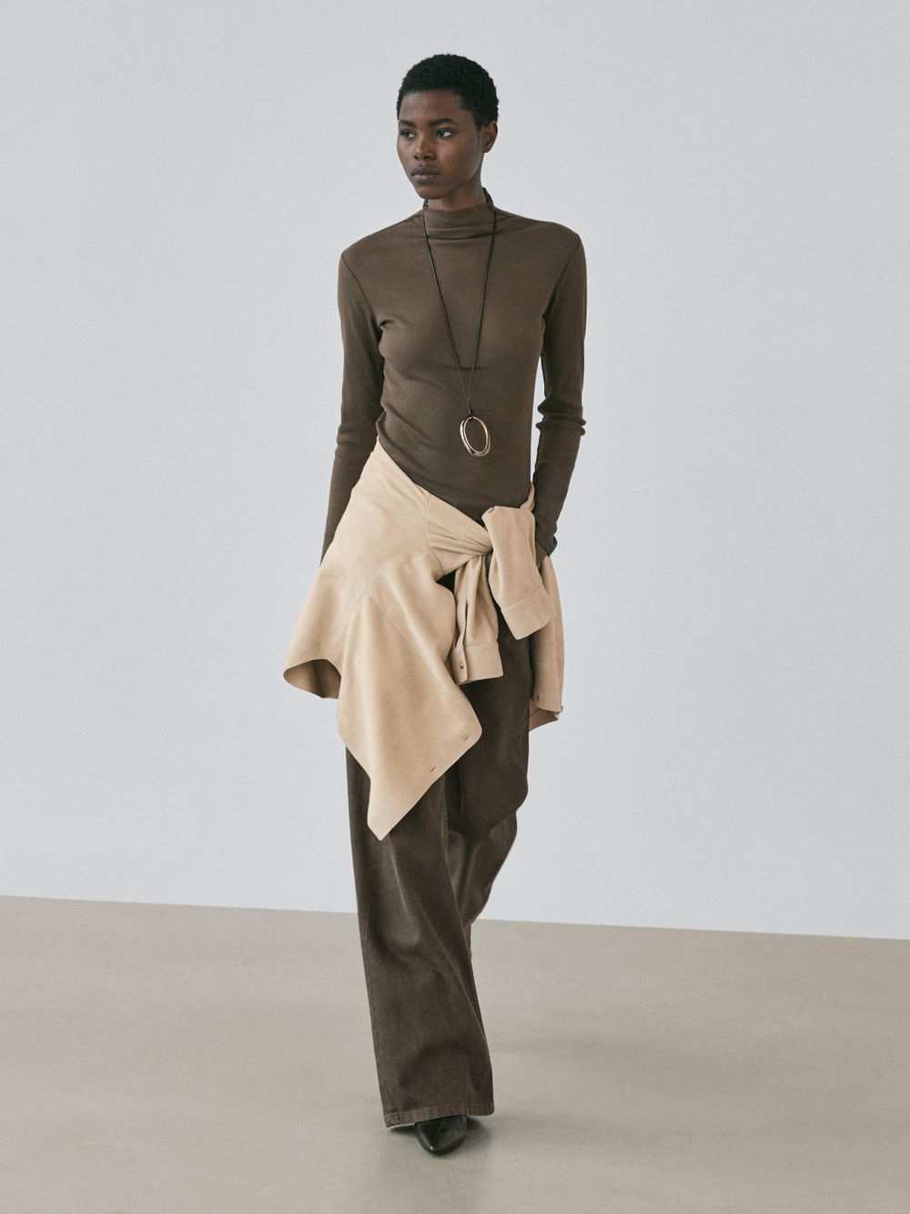 Massimo Dutti Хлопковая футболка в рубчик с длинными рукавами, кофейный