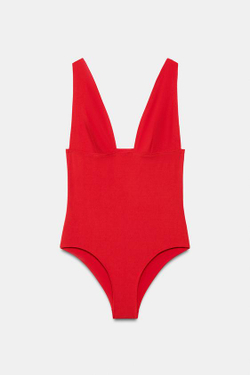 ZARA ОДНОТОННЫЙ КУПАЛЬНИК С ГЛУБОКИМ ВЫРЕЗОМ, КРАСНЫЙ