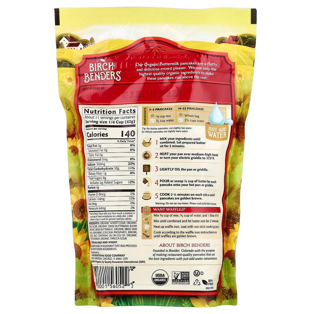 Birch Benders, смесь для приготовления блинов и вафель, органическая пахта, 454 г (1 фунт)