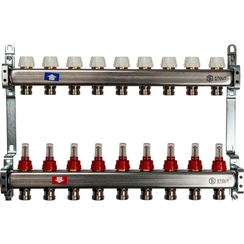 Коллекторная группа STOUT из нерж. стали с расходомерами 9 выхода