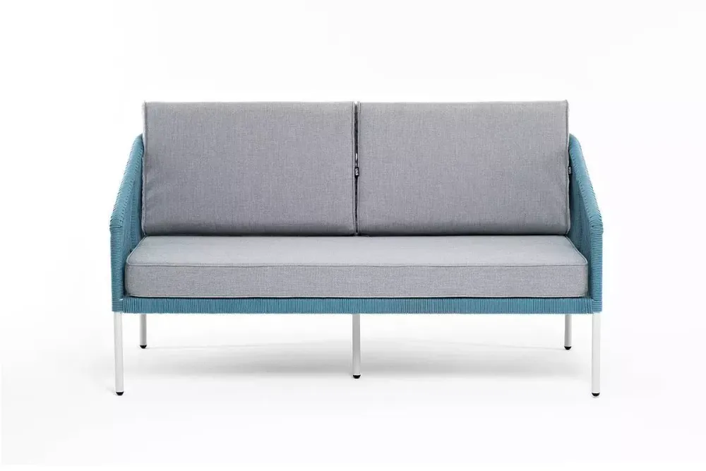 "Канны" диван 2-местный плетеный из роупа, каркас алюминий светло-серый (RAL7035) муар, роуп бирюзовый круглый, ткань светло-серая