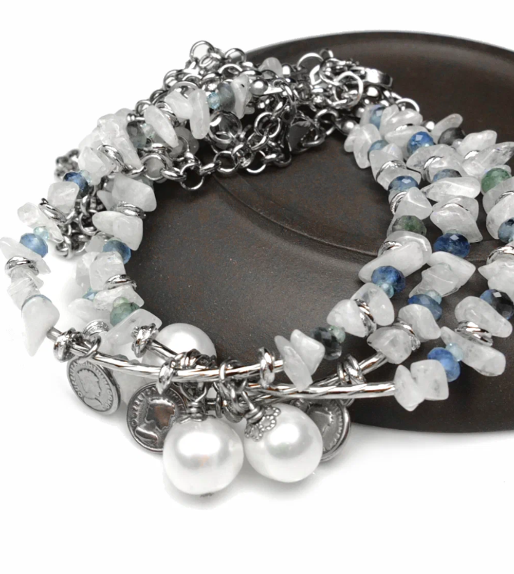 Браслет с лунным камнем, жемчугом и аквамарином