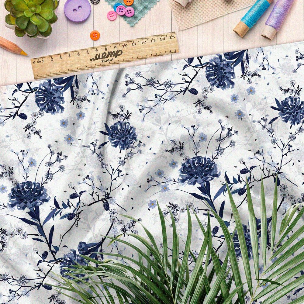 Ткань дюспо зимние цветы на белом фоне