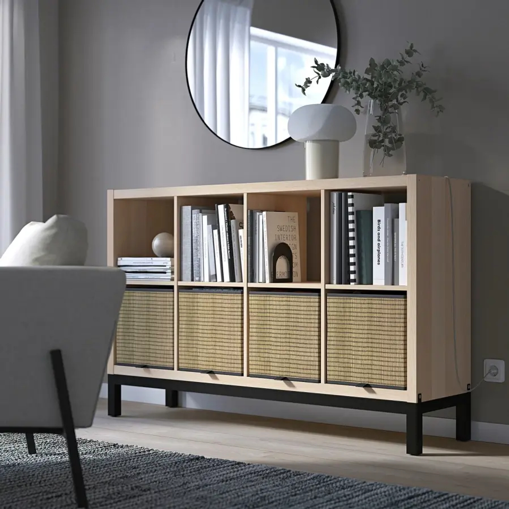 Стеллаж - IKEA KALLAX, 147х39х94 см, под беленый дуб/черный, КАЛЛАКС ИКЕА