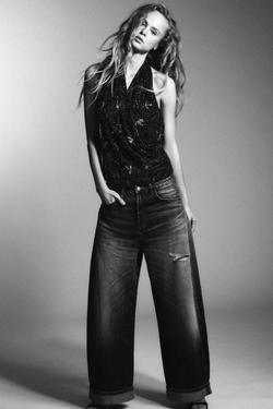 ZARA ТОП С ГОРЛОВИНОЙ ХАЛТЕР, ВЫШИВКОЙ И БУСИНАМИ, ЧЕРНЫЙ