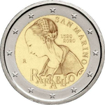 2 Евро 500 лет со дня смерти Рафаэля Санти 2020 г. Сан Марино. В буклете
