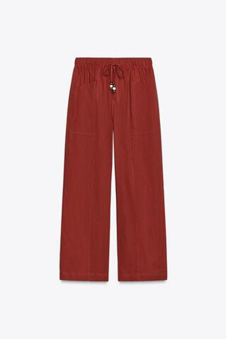 ZARA БРЮКИ ИЗ ЛЬНА СО ШНУРКОМ И БУСИНАМИ, ЧЕРЕПИЧНЫЙ