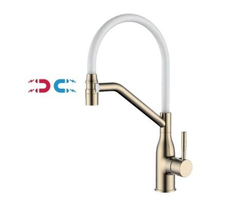 Смеситель для кухни с силиконовым изливом и магнитным держателем Accoona Белый+Золотой сатин A4890GW-6