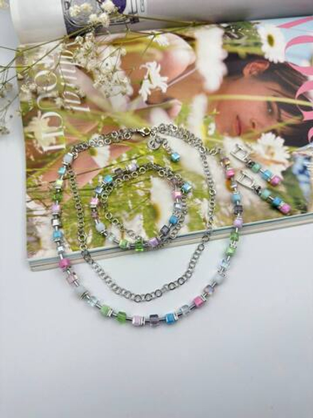 Колье двойное из микса кубиков Swarovski и цепочки ролло, оттенок серебро