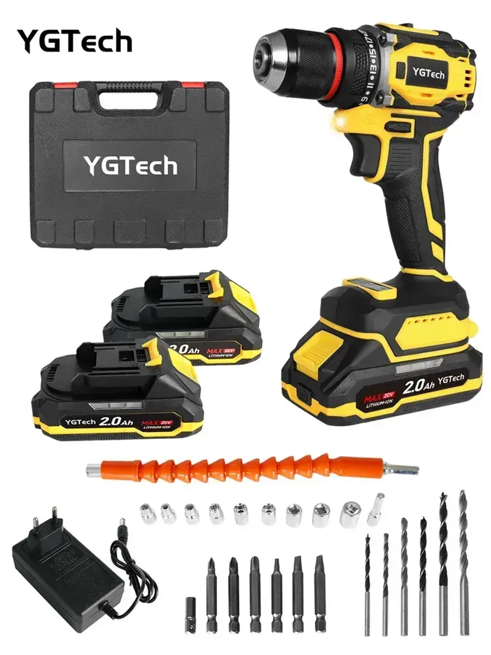 YGTECH Дрель-шуруповерт, 26 В, 60 Нм, 2 АКБ