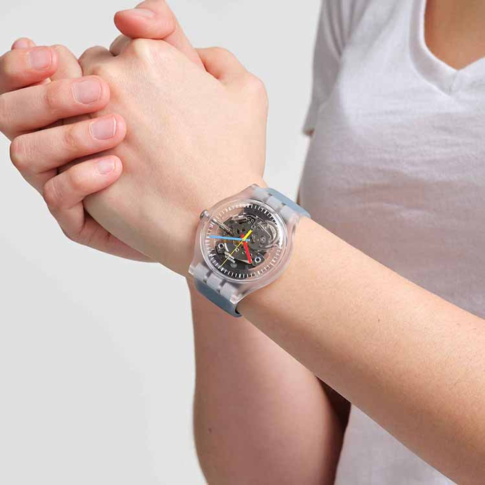SWATCH Quartz Movement Unisex Watch 41mm Skeleton Dial Plastic Watch Case Silicone Strap