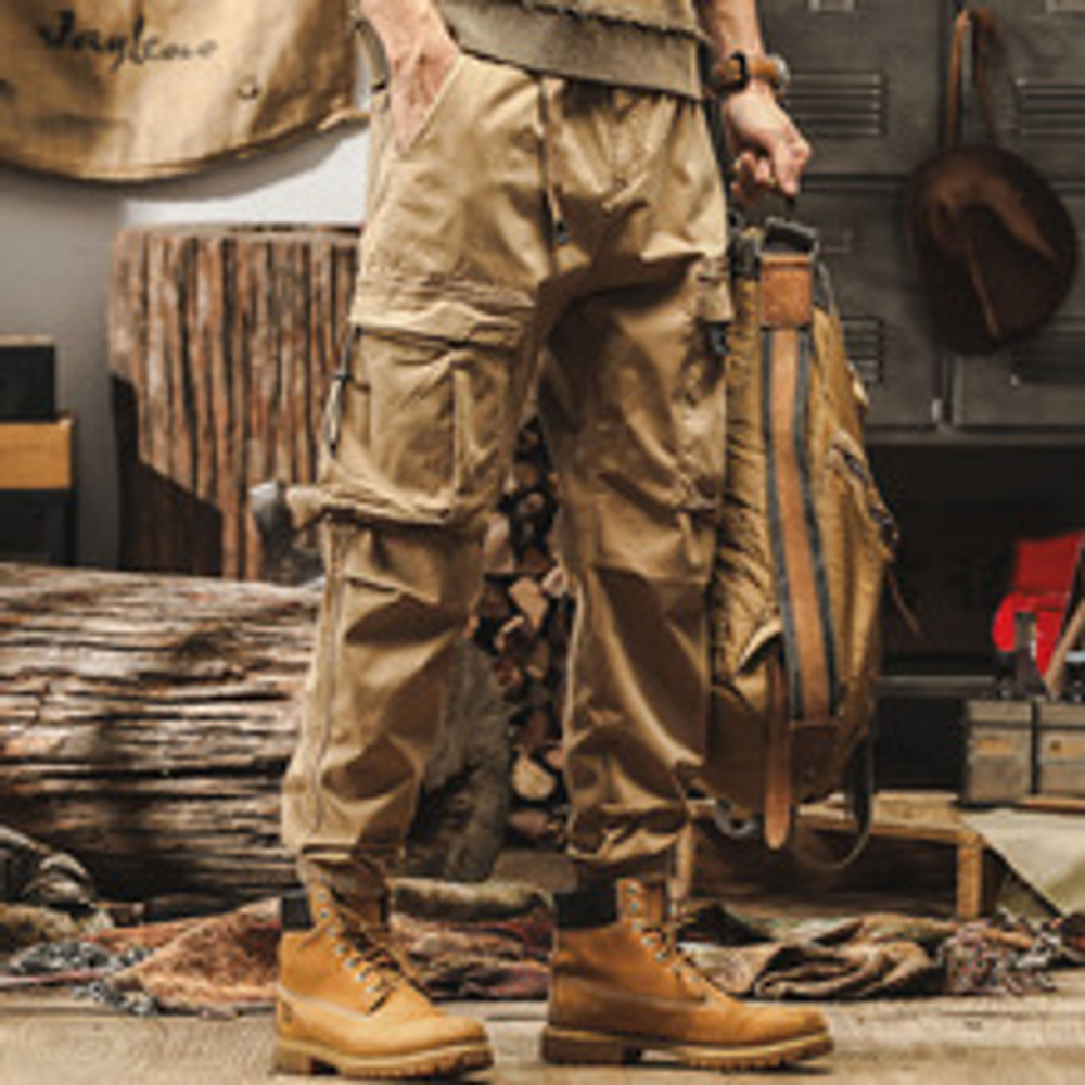 Брюки для мужчин свободные с накладными карманами и резинками внизу брючины от бренда JIELEINUO