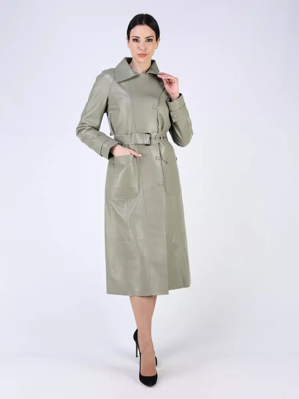 Кожаный тренч длинный с поясом плащ