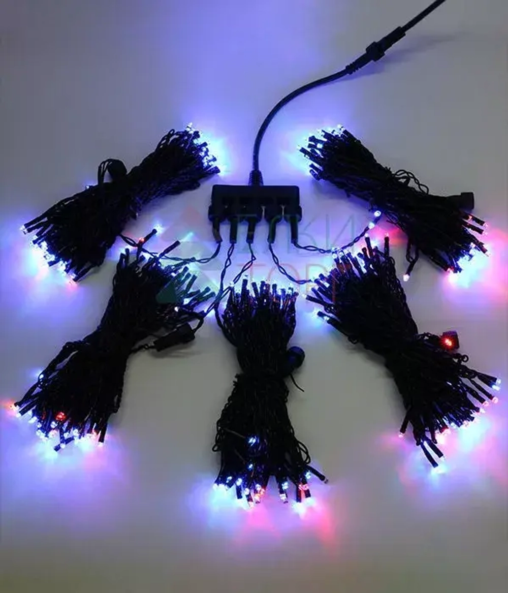 Комплект гирлянды на деревья с контроллером 100 м., 5 лучей по 20 м, 1000 RGB LED ламп, черный силик